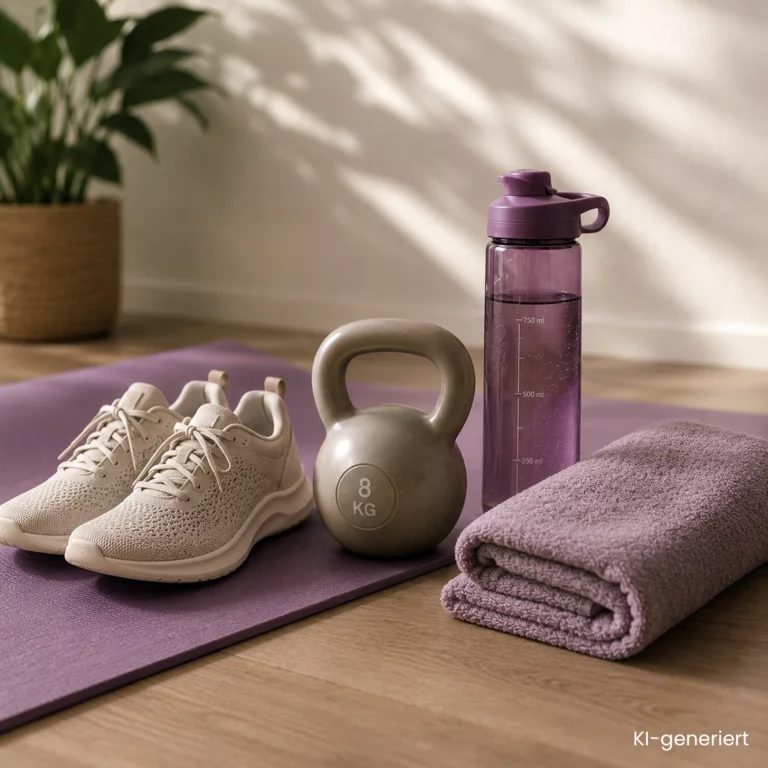 Bild mit Yogamatte, Hanteln, Kettlebell und Handtuch auf warmem Holzboden als Symbole für den Nutzen von Bewegung in den Wechseljahren.