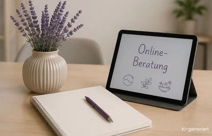 Bild mit Schreibtisch iPad, Block und Stift und einer Vase mit Lavendel als Darstellung für Einzelberatungen, Online- oder Telefonberatungen.