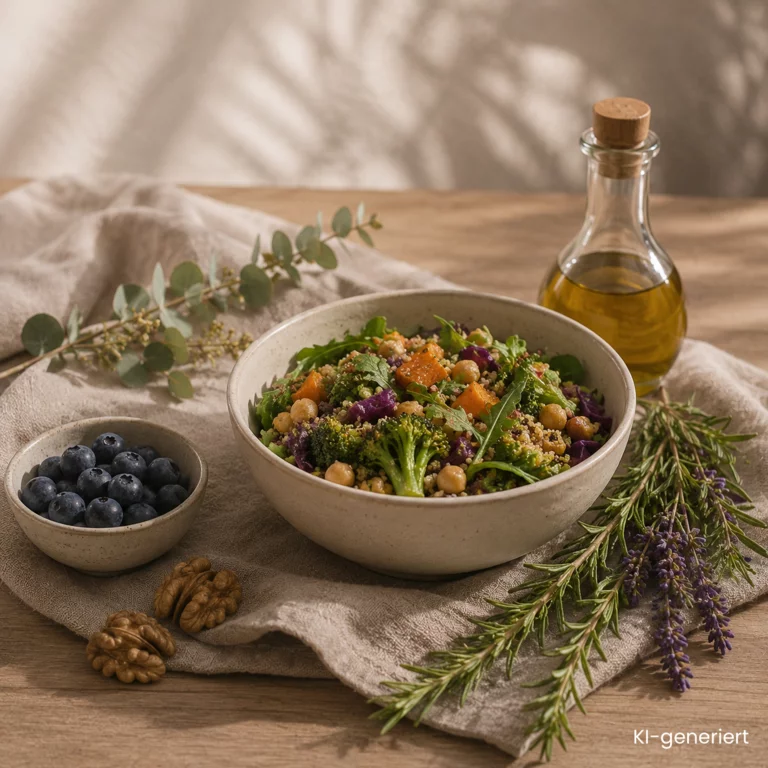 Zur Veranschaulichung von gesunde Ernährung befindet sich eine Schüssel mit einer Gemüse Bowl sowie einer kleineren Schüssel mit Heidelbeeren auf dem Bild.Umgeben mit einer Dekoration aus Zweigen und einem hochwertigen Samenöl.