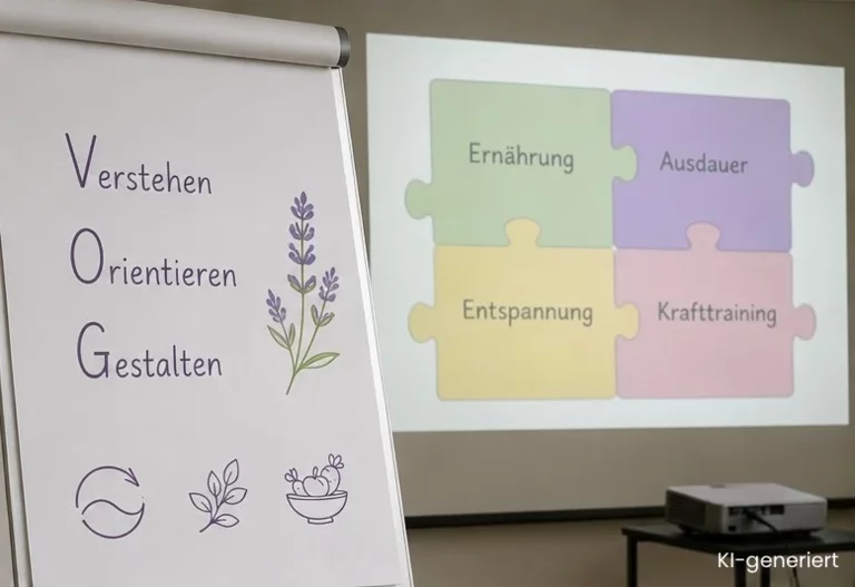 Fotomit Flip-Chart, auf dem ein Lavendelzweig so wie das Logo abgebildet ist und der Slogan steht: Verstehen. Orientieren. Gestalten. Dahinter sieht man im Bild noch eine Leinwand mit vier ineinander verhakten Puzzle teilen. Auf dem Puzzle teilen, stehen die Stichwörter Ernährung, Ausdauer, Entspannung, Krafttraining. Dies alles soll verdeutlichen, wie vielfältig die Möglichkeiten für Frauen in den Wechseljahren sind, gesund zu bleiben.
